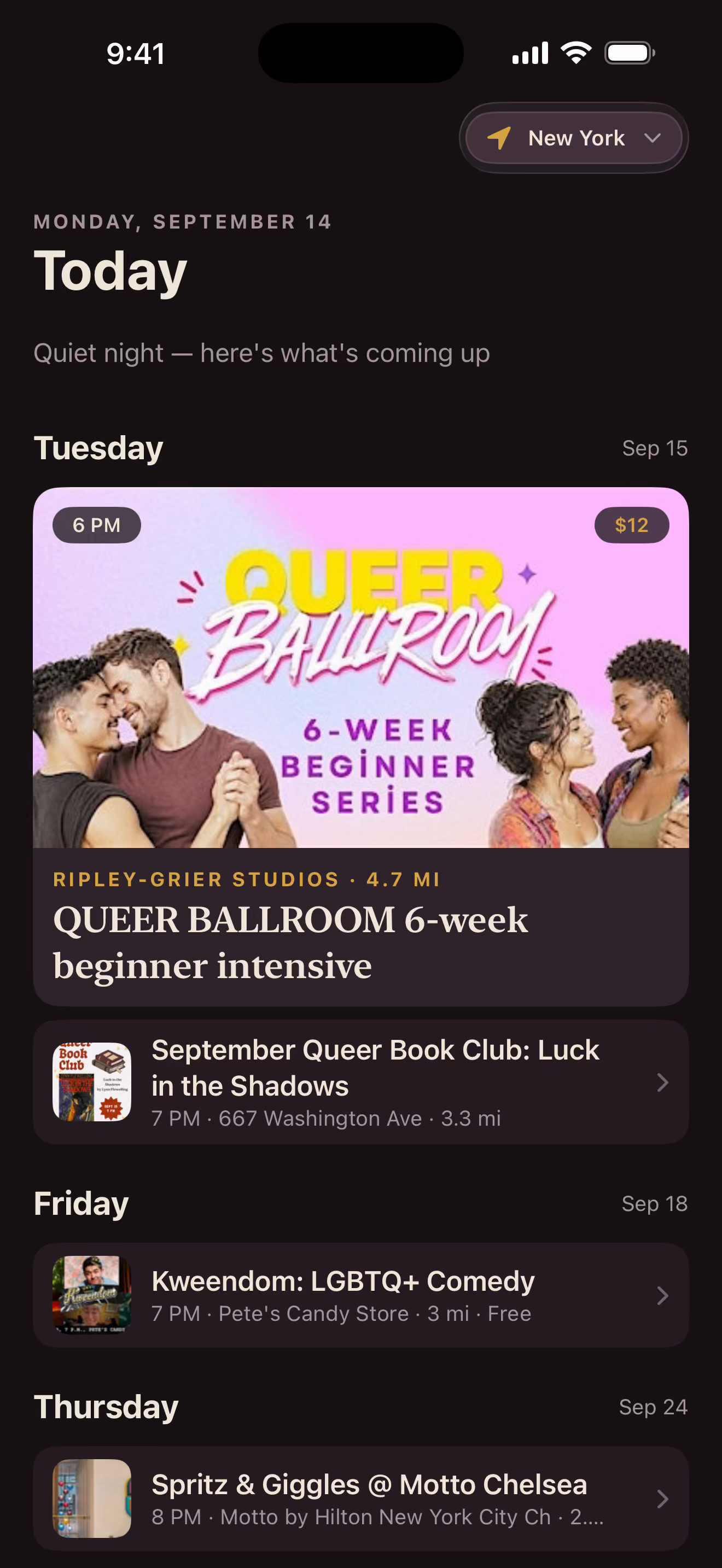 Gay Agenda showing LGBTQ+ dance, book club, and comedy events in New York